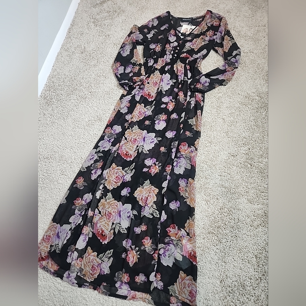 MinkPink Women's Floral Maxi Sheer Dress Black Long Sleeve Split Hem Size M - Picture 3 of 10